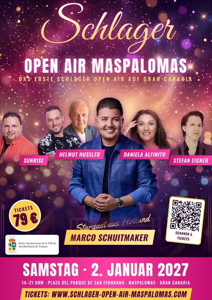 Plakat des Schlager Open Air Maspalomas 2027 mit Marco Schuitmaker, Sunrise, Daniela Alfinito, Helmut Hussler und Stefan Eigner
